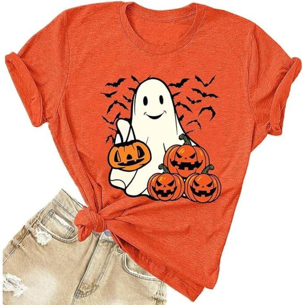 Unbranded Halloween Graphic Tee Women XL Orange Ghost Pumpkin Bat Spooky T-Shirt